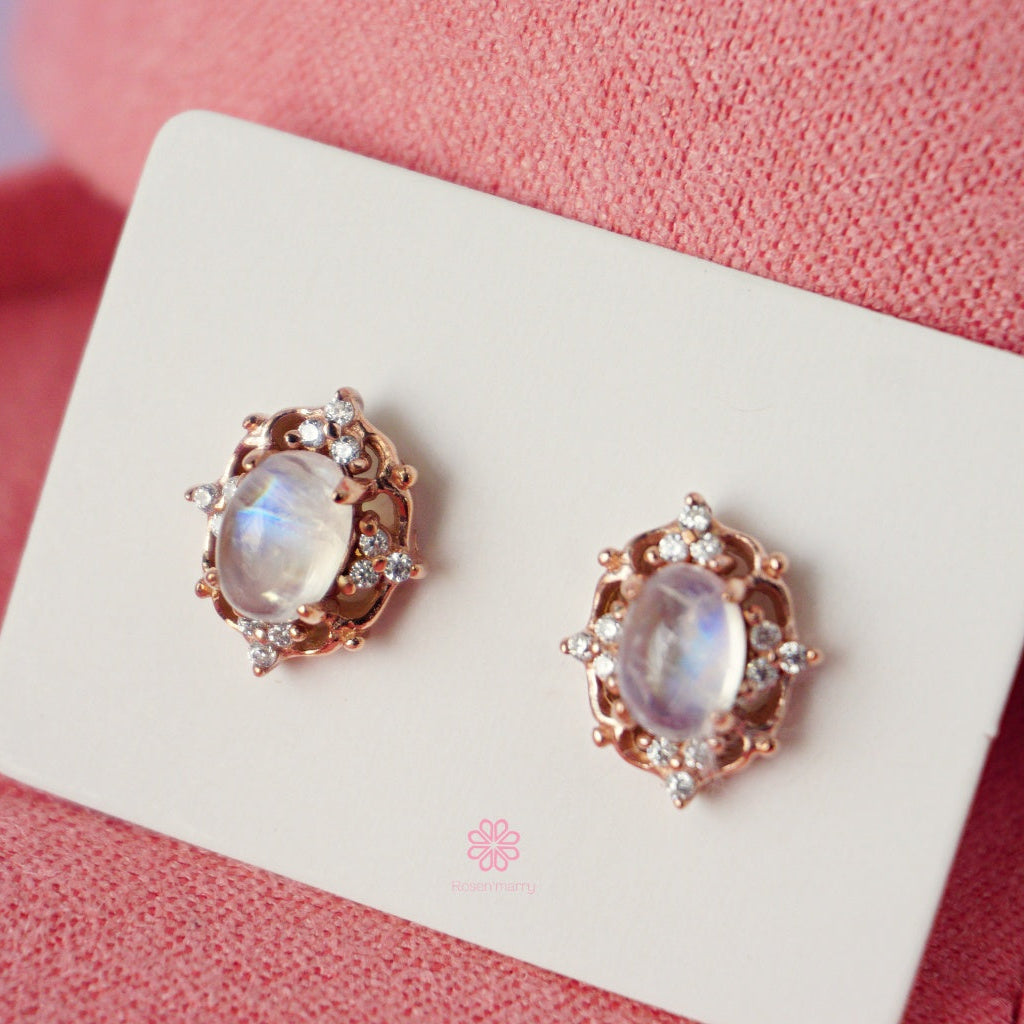 Natural Rainbowmoonstone Stud Earrings Sterling Silver925 With Rosegold Plated.