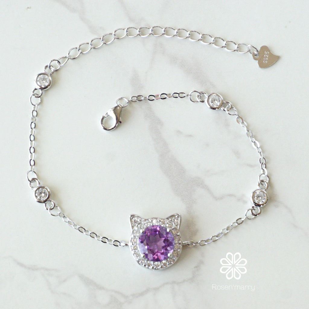 Natural Amethyst Bracelet Sterling Silver925 With White gold Plated.