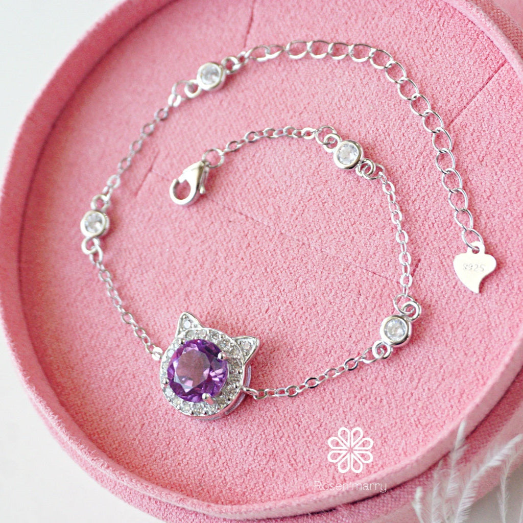 Natural Amethyst Bracelet Sterling Silver925 With White gold Plated.
