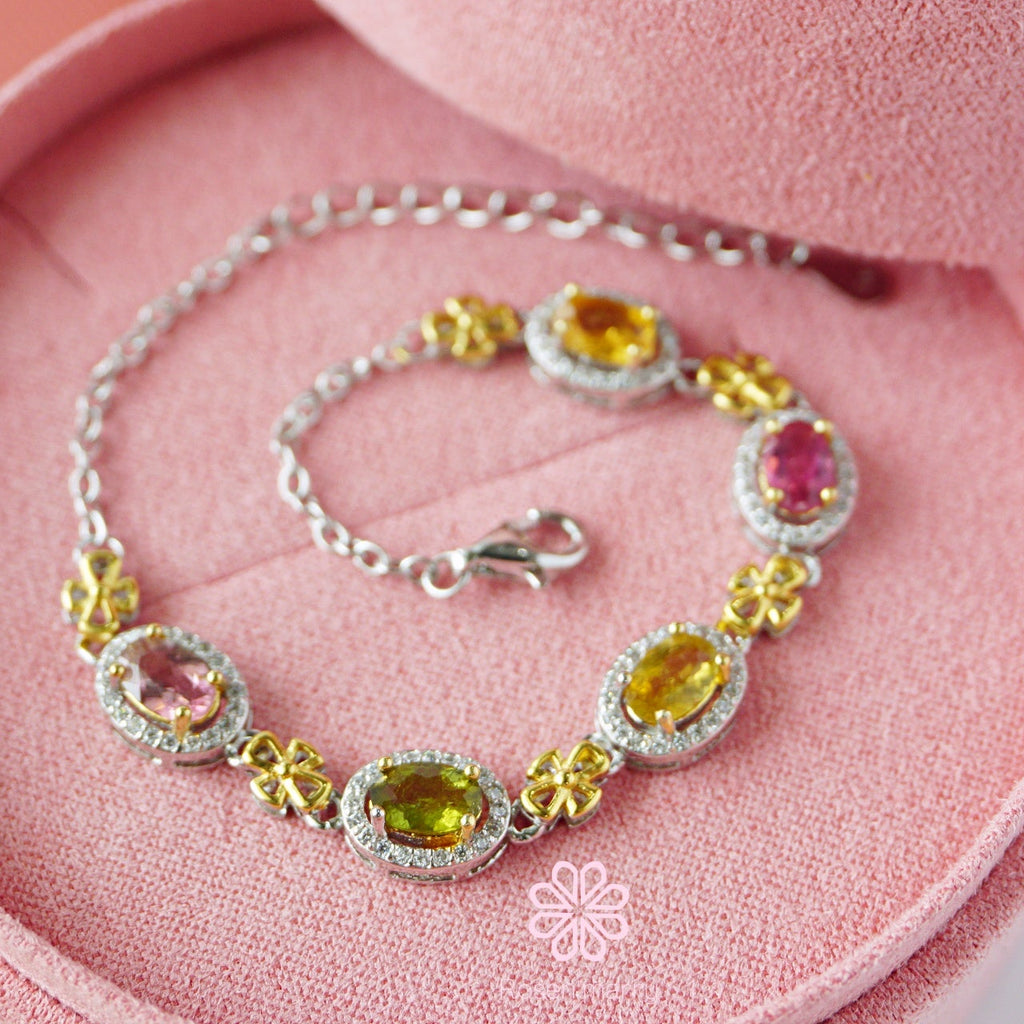 Natural Tourmaline Bracelet Sterling Silver925 With White gold Plated.
