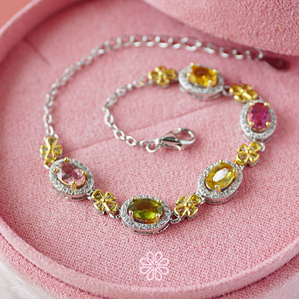 Natural Tourmaline Bracelet Sterling Silver925 With White gold Plated.