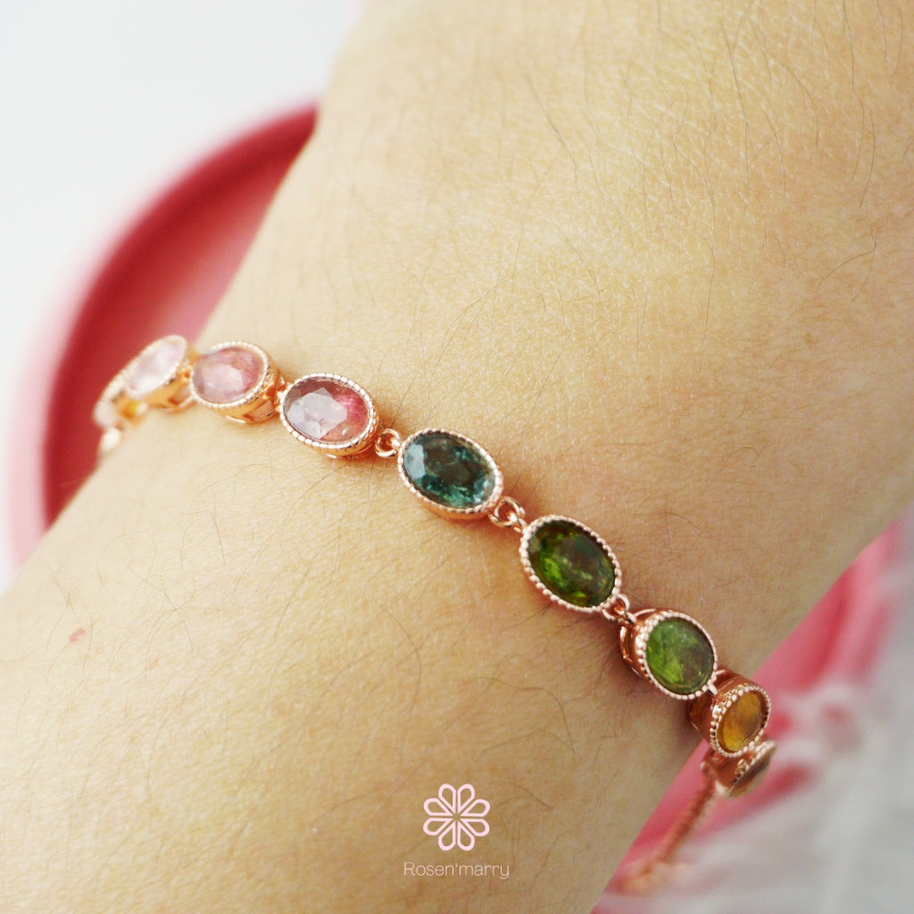 Natural Tourmaline Bracelet Sterling Silver925 With  Rosegold Plated.