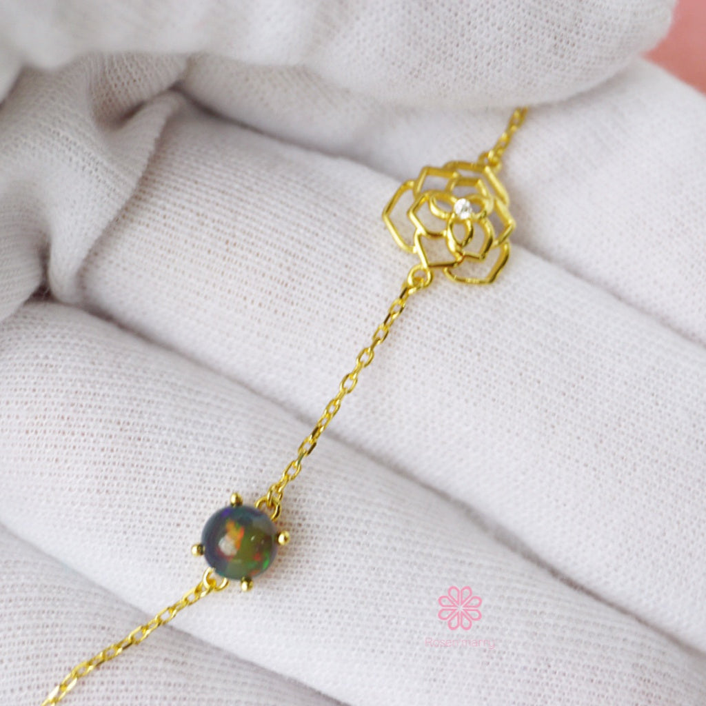 Natural Black Opal Bracelet Sterling Silver925 With Gold Plated.