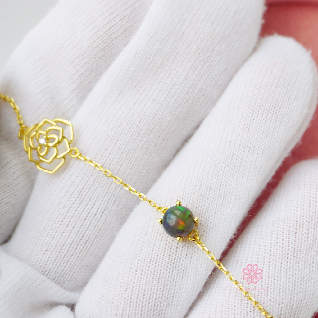 Natural Black Opal Bracelet Sterling Silver925 With Gold Plated.