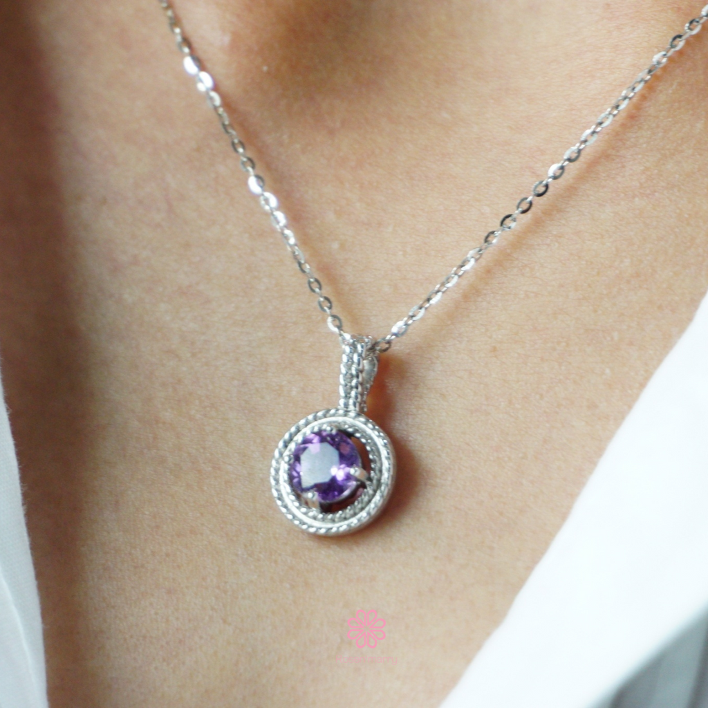 Natural Amethyst Pendant and Necklace Sterling Silver925 With  White gold Plated.