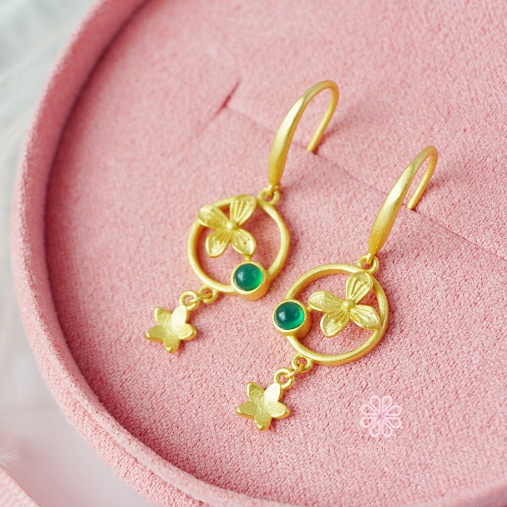 Natural Green Agate Drop Earrings Sterling Silver925 With Gold Plated.