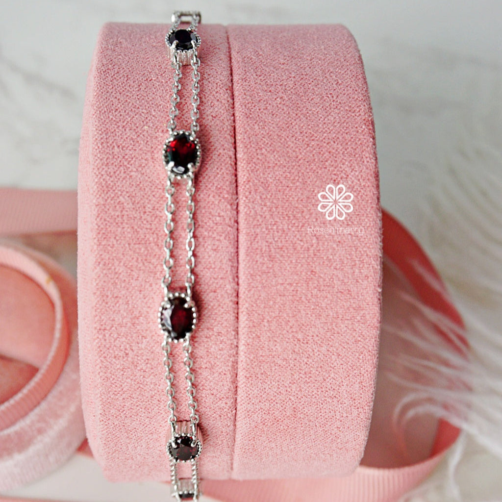 Natural Garnet Bracelet Sterling Silver925 With  White gold Plated.
