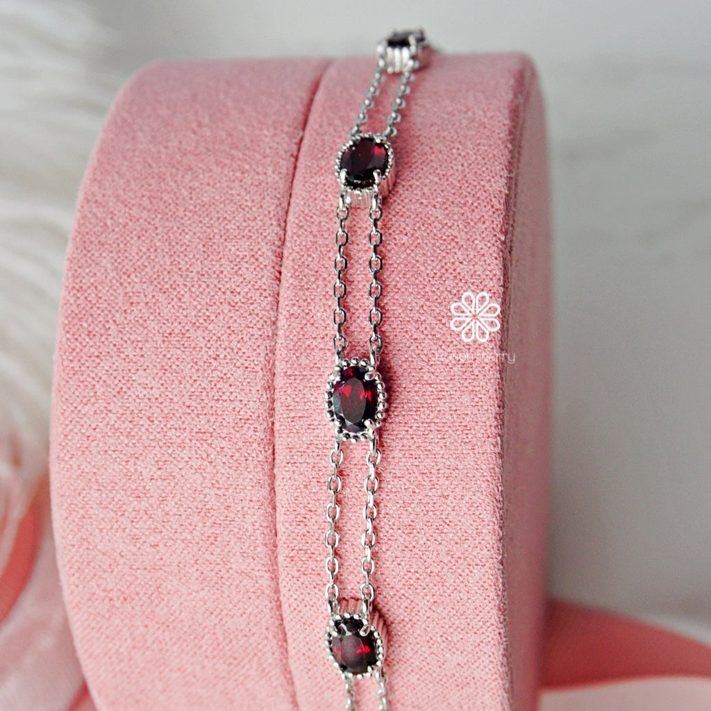 Natural Garnet Bracelet Sterling Silver925 With  White gold Plated.