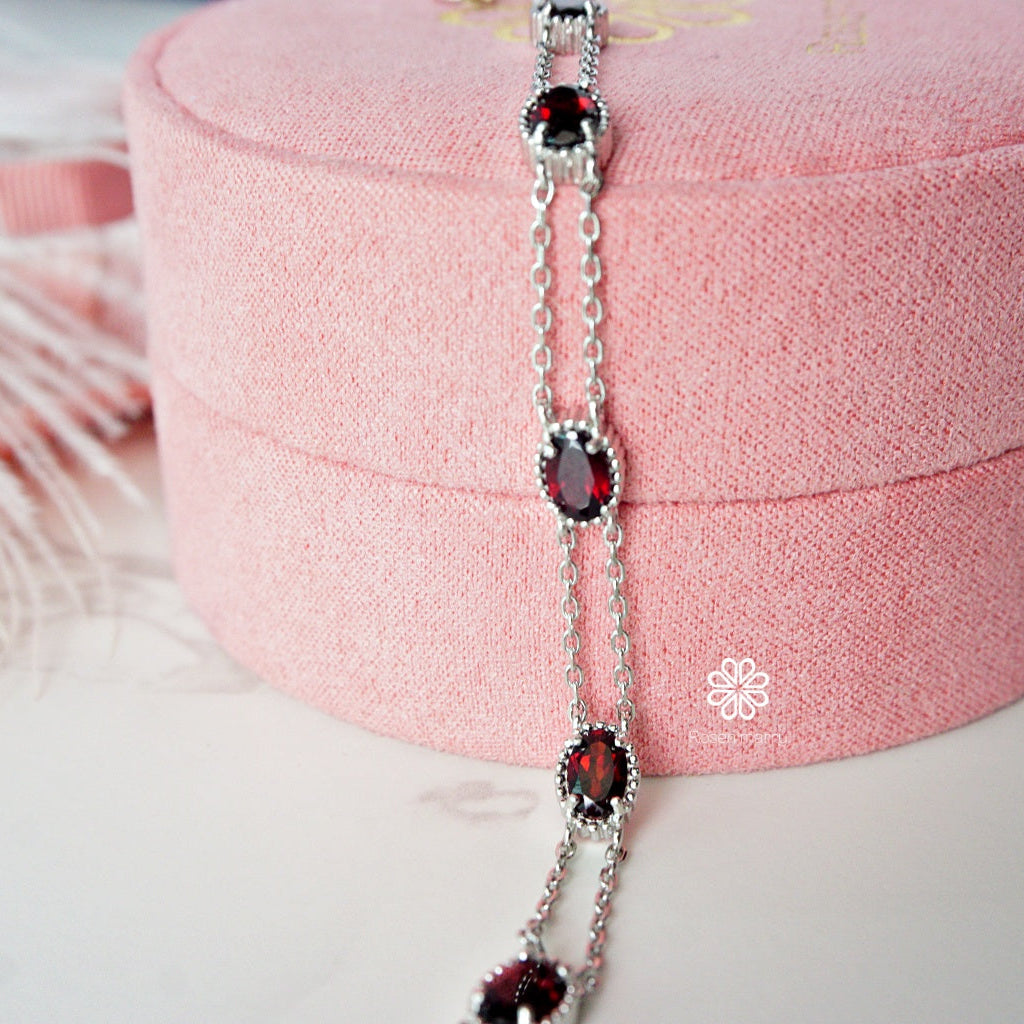 Natural Garnet Bracelet Sterling Silver925 With  White gold Plated.