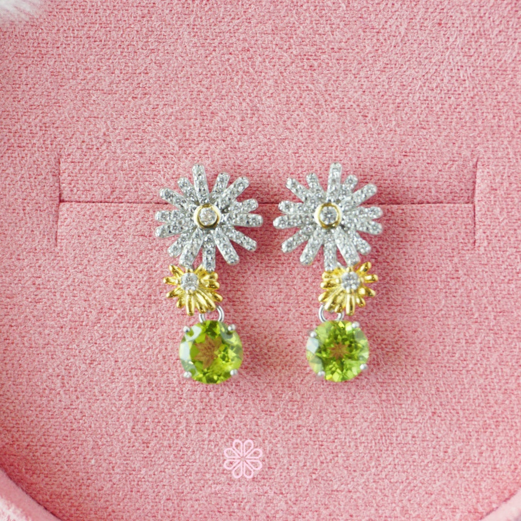 Natural Peridot Drop Earrings Sterling Silver925 With Whitegold Plated Flower Earrings.