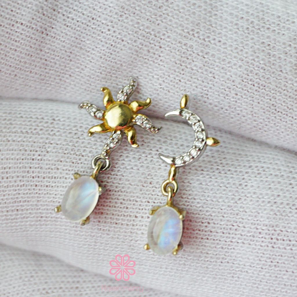 Natural Rainbow Moonstone Drop Earrings Sterling Silver925.