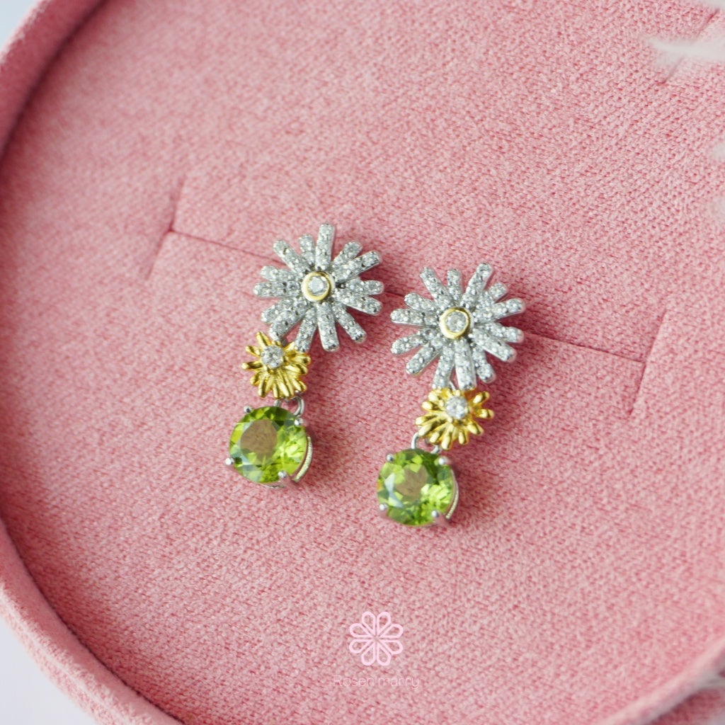 Natural Peridot Drop Earrings Sterling Silver925 With Whitegold Plated Flower Earrings.