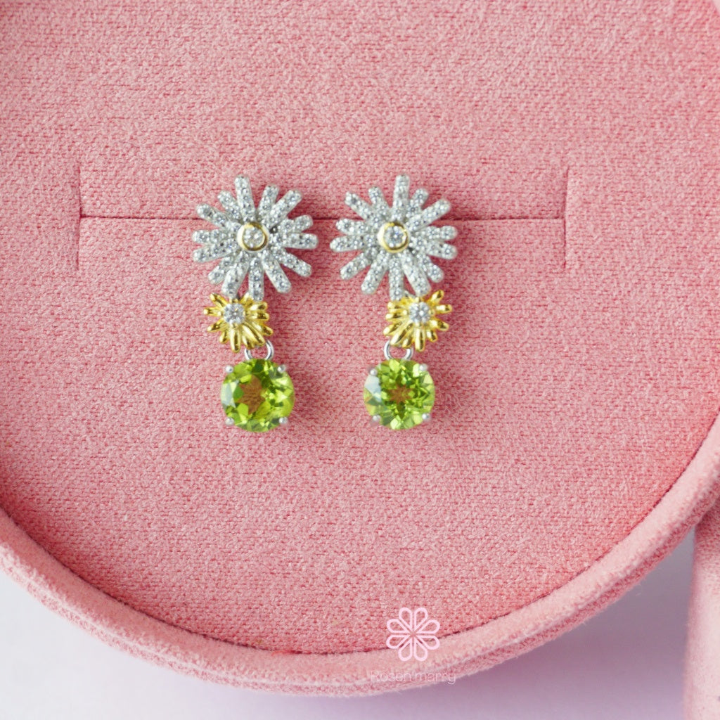 Natural Peridot Drop Earrings Sterling Silver925 With Whitegold Plated Flower Earrings.