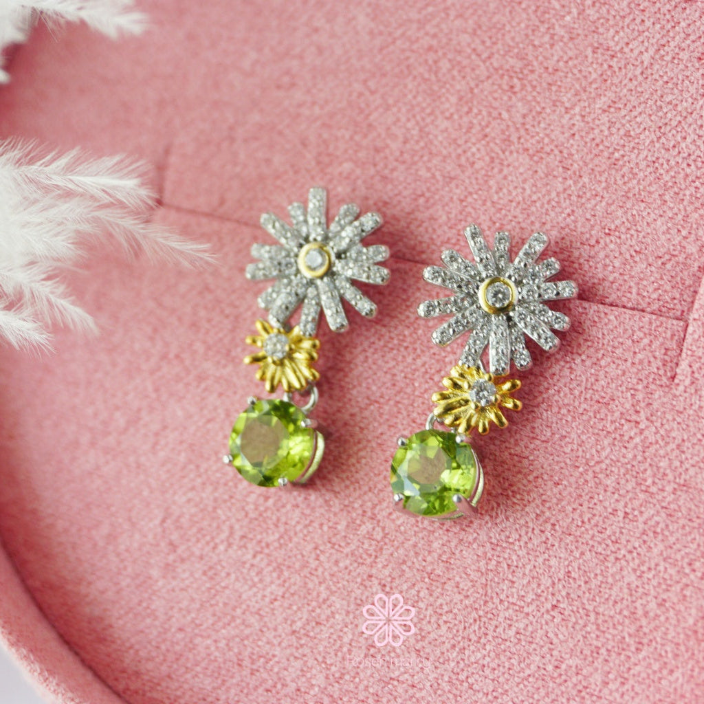 Natural Peridot Drop Earrings Sterling Silver925 With Whitegold Plated Flower Earrings.