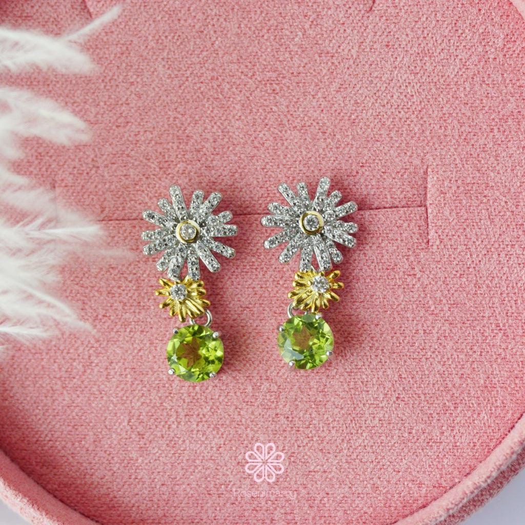Natural Peridot Drop Earrings Sterling Silver925 With Whitegold Plated Flower Earrings.