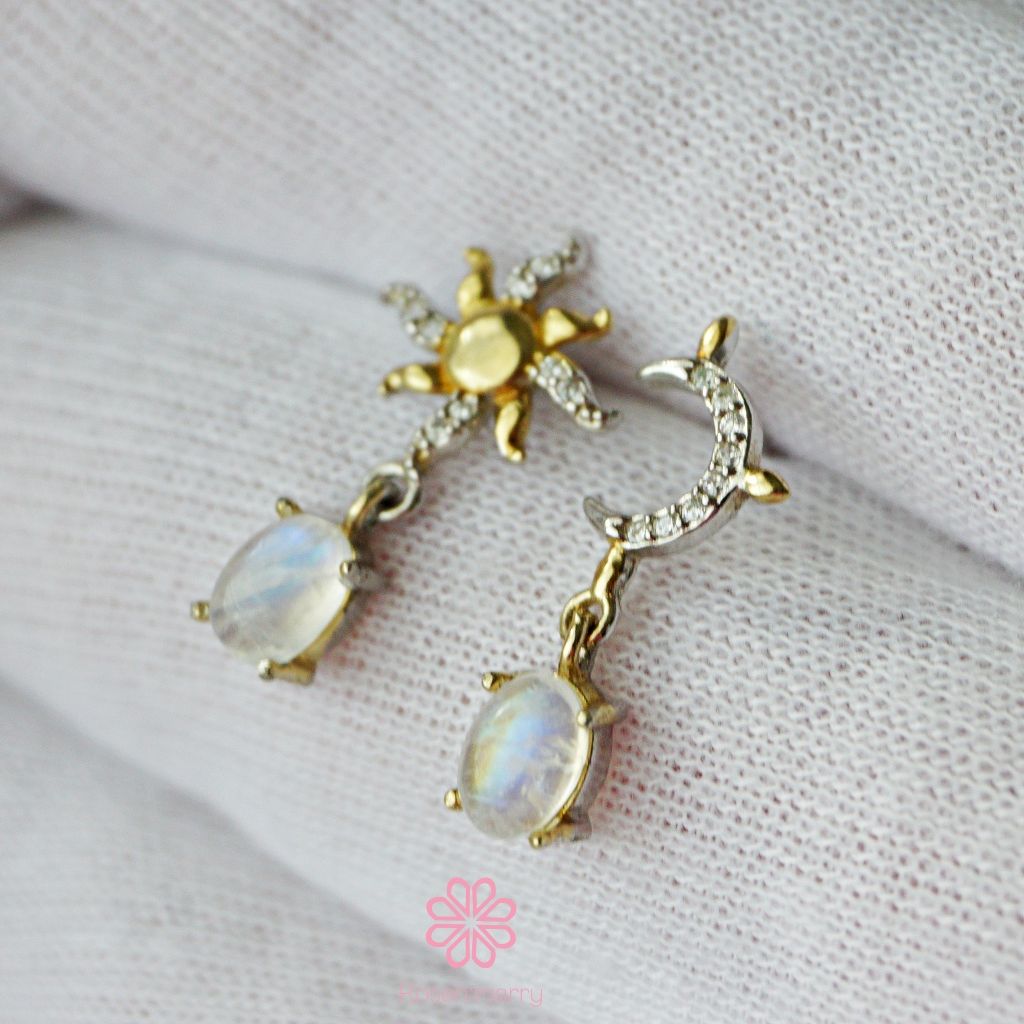 Natural Rainbow Moonstone Drop Earrings Sterling Silver925.