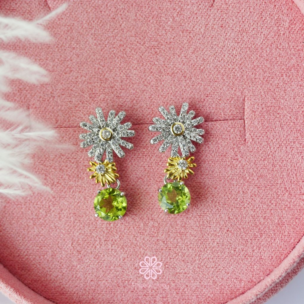 Natural Peridot Drop Earrings Sterling Silver925 With Whitegold Plated Flower Earrings.