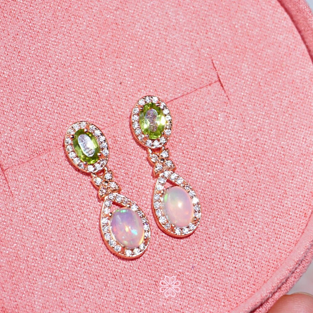 Natural Peridot and Opal Drop Earrings Sterling Silver925 With Rosegold Plated.