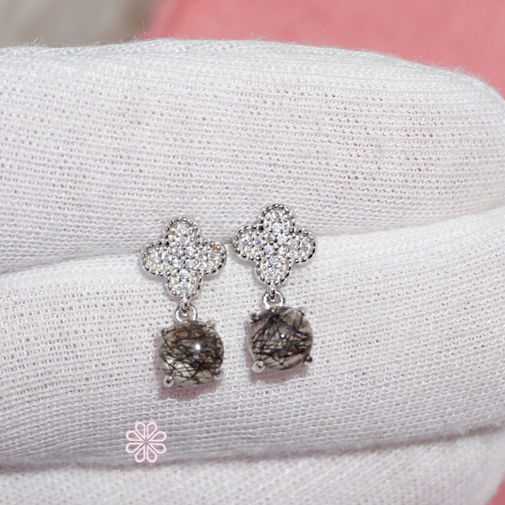 Natural Black Rutilated Quartz Drop Earrings Sterling Silver925.
