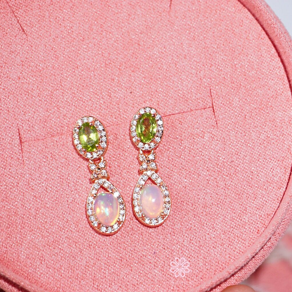 Natural Peridot and Opal Drop Earrings Sterling Silver925 With Rosegold Plated.