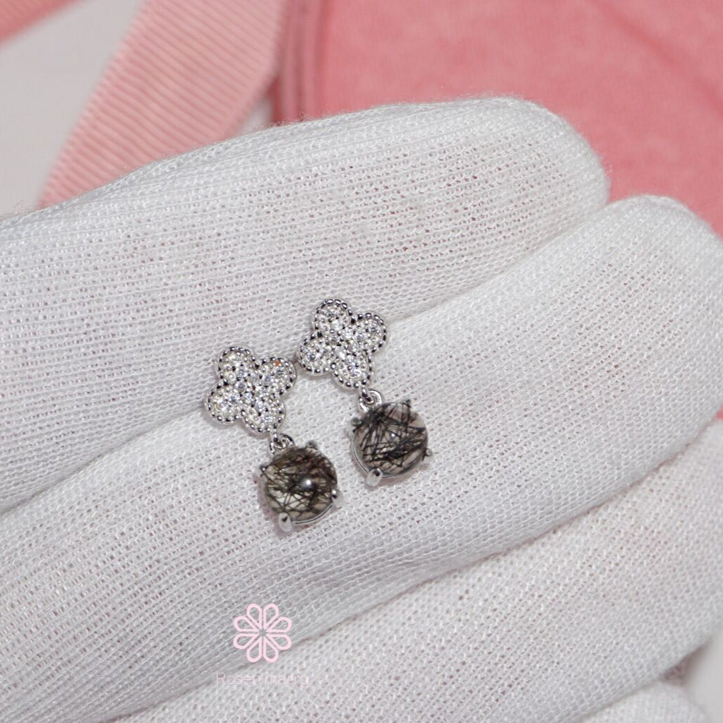 Natural Black Rutilated Quartz Drop Earrings Sterling Silver925.