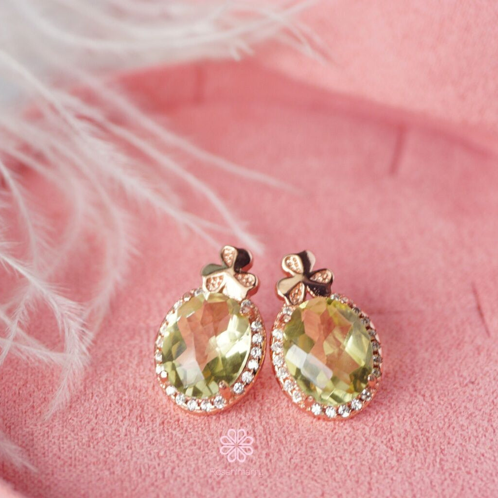 Natural Lemon Quartz Stud Earrings Sterling Silver925 With Gold Plated.