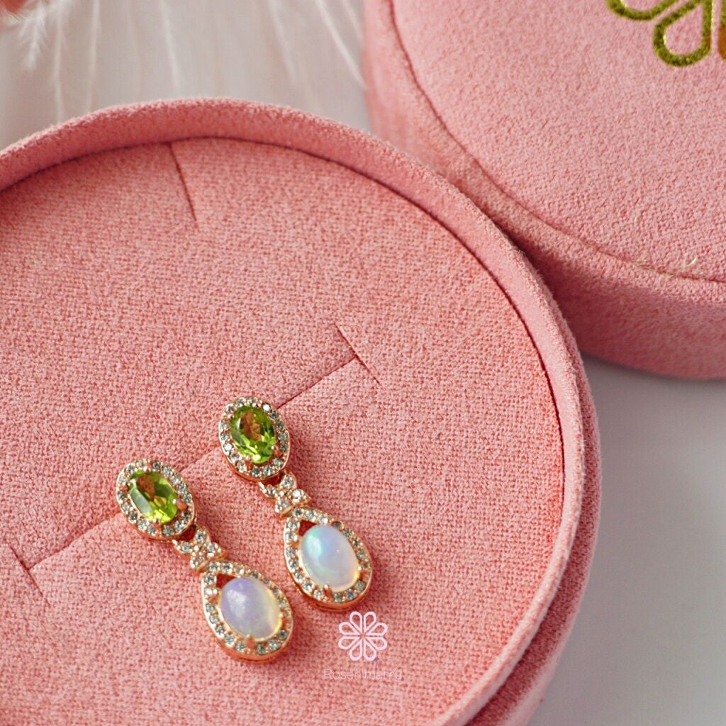 Natural Peridot and Opal Drop Earrings Sterling Silver925 With Rosegold Plated.