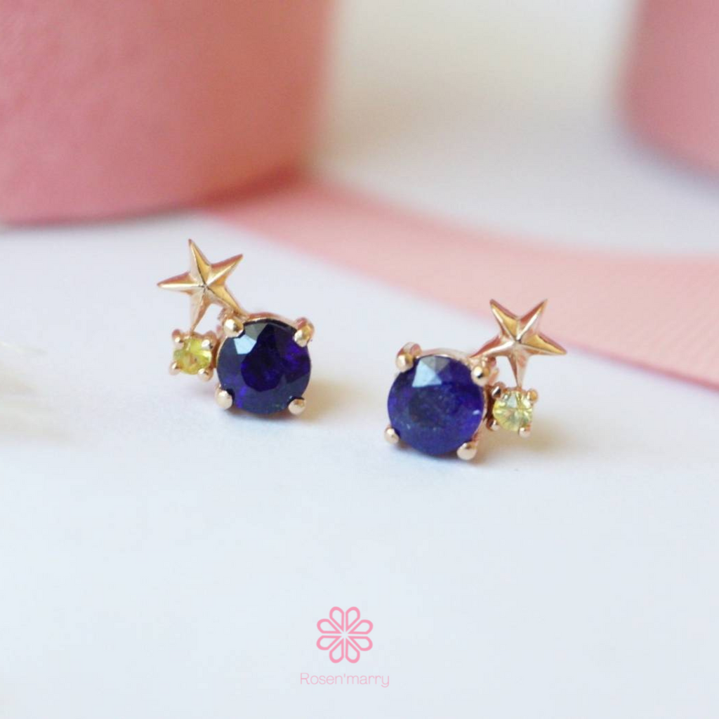 Natural Blue Sapphire Stud Earrings Sterling Silver925 With Rosegold Plated.