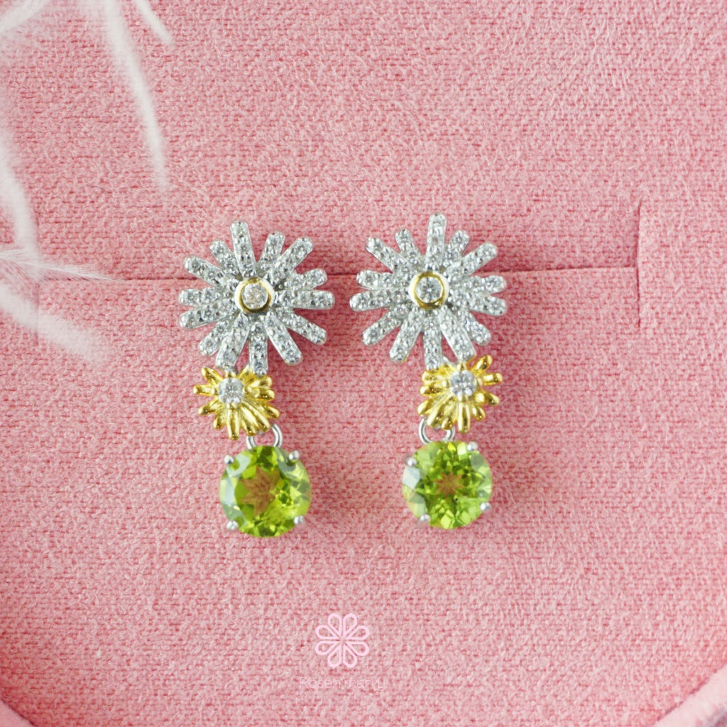 Natural Peridot Drop Earrings Sterling Silver925 With Whitegold Plated Flower Earrings.