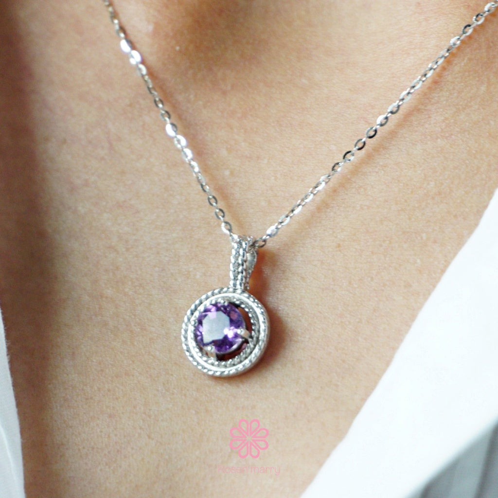 Natural Amethyst Pendant and Necklace Sterling Silver925 With  White gold Plated.