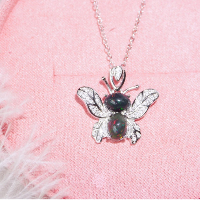 Natural Black Opal Pendant and Necklace Sterling Silver925 Butterfly Design.