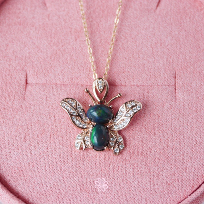 Natural Black Opal Pendant and Necklace Sterling Silver925 Butterfly Design.